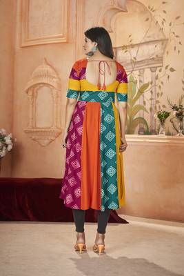 Multicolor rayon prin with embroidered with real mirror work navratri party wear daily wear diwali long kurti 4