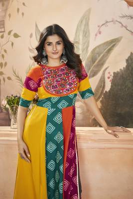 Multicolor rayon prin with embroidered with real mirror work navratri party wear daily wear diwali long kurti 5