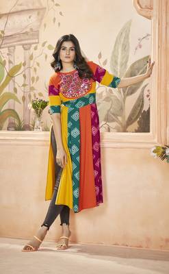 Multicolor rayon prin with embroidered with real mirror work navratri party wear daily wear diwali long kurti 6