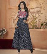 Navy blue rayon prin with embroidered with real mirror work navratri party wear daily wear diwali long kurti