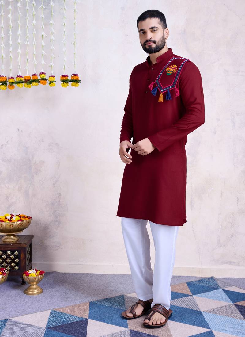 Maroon rayon embroidery with mirror work wedding function festival navratri party wear diwali straight kurta