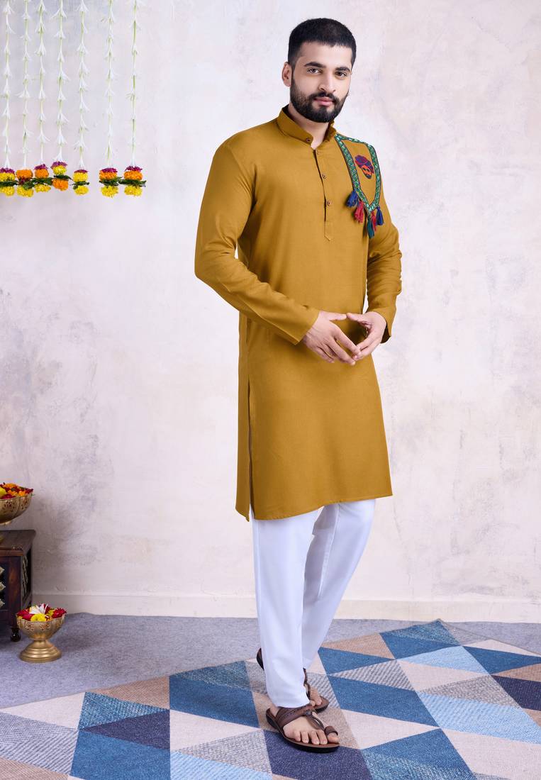 Yellow rayon embroidery with mirror work wedding function festival navratri party wear diwali straight kurta