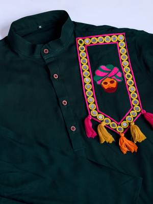 Green rayon embroidery with mirror work wedding function festival navratri party wear diwali straight kurta 6