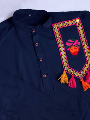 Navy blue rayon embroidery with mirror work wedding function festival navratri party wear diwali straight kurta 6