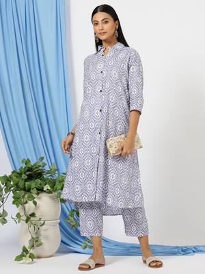 Anushil stylish co-ord set for women - solid shirt style kurti with pants, 2peice kurta with trouser casual wear 1