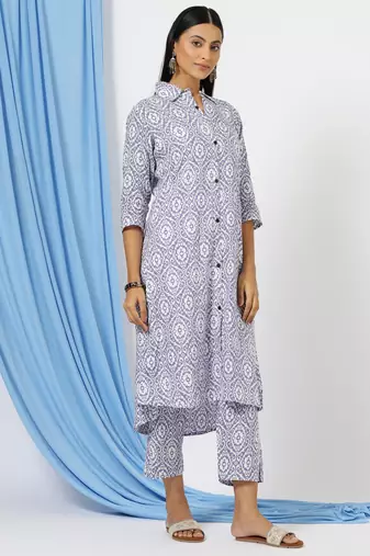 Anushil stylish co-ord set for women - solid shirt style kurti with pants, 2peice kurta with trouser casual wear