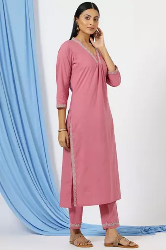 Anushil stylish katha cotton co-ord set for women - shirt style kurti with pants, 2peice kurta with trouser casual wear