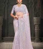 Lavender designer resham sequence embroidery net saree