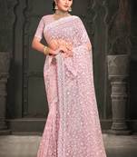 Pink designer resham sequence embroidery net saree