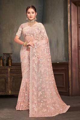 Designer peach resham sequence embroidery net saree 1