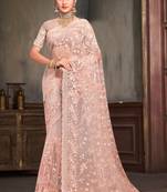 Designer peach resham sequence embroidery net saree