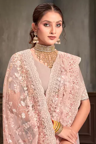 Designer peach resham sequence embroidery net saree