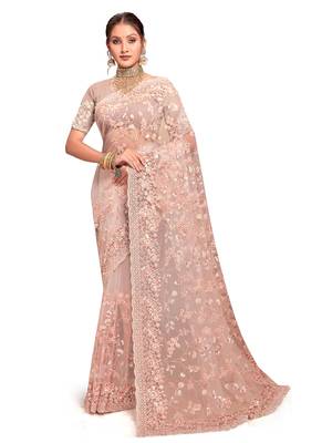 Designer peach resham sequence embroidery net saree 4