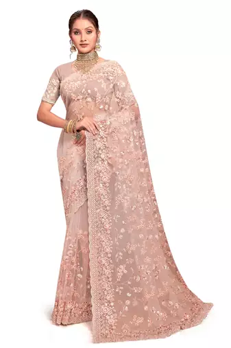 Designer peach resham sequence embroidery net saree
