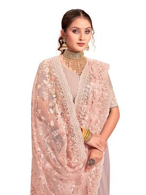 Designer peach resham sequence embroidery net saree 5