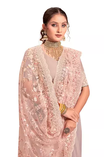 Designer peach resham sequence embroidery net saree