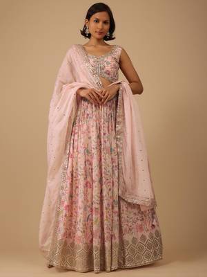 peach digital print with embroidered organza lehenga set choli with dupatta with dupatta 2