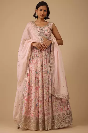 peach digital print with embroidered organza lehenga set choli with dupatta with dupatta