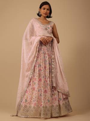 peach digital print with embroidered organza lehenga set choli with dupatta with dupatta 1