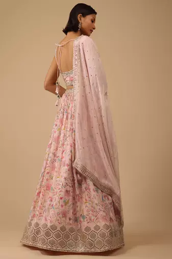 peach digital print with embroidered organza lehenga set choli with dupatta with dupatta