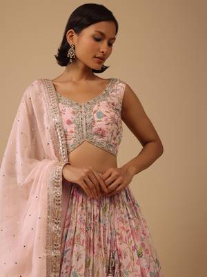 peach digital print with embroidered organza lehenga set choli with dupatta with dupatta 4
