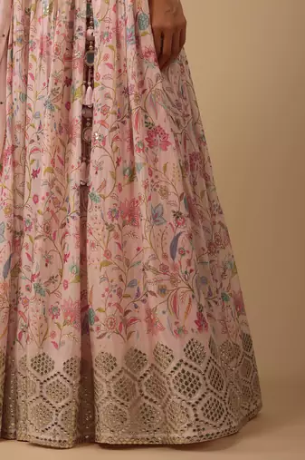 peach digital print with embroidered organza lehenga set choli with dupatta with dupatta