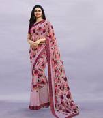 Rose Pink Prachi Georegtte Floral All over Printed & Lace Border Saree With Banglori Blouse