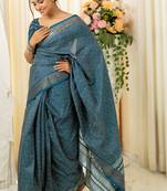 Rama blue silk blend geometric print golden woven border saree