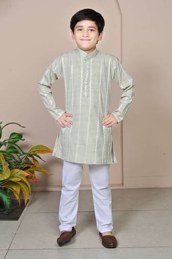 Boys linen full sleeves embroidered stripes kurta pyjama set - light green