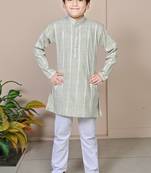 Boys linen full sleeves embroidered stripes kurta pyjama set - light green