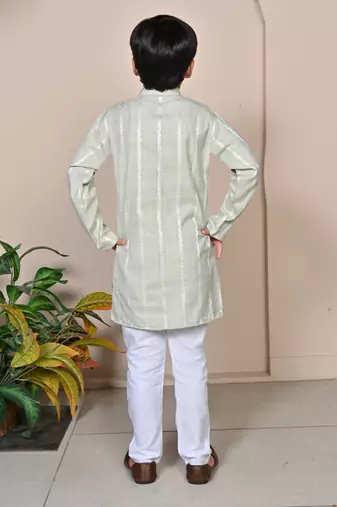 Boys linen full sleeves embroidered stripes kurta pyjama set - light green