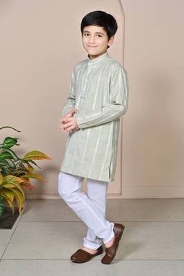 Boys linen full sleeves embroidered stripes kurta pyjama set - light green 3