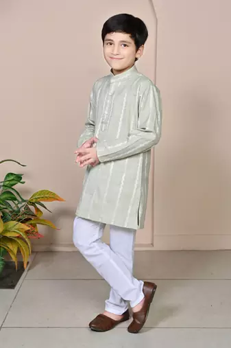 Boys linen full sleeves embroidered stripes kurta pyjama set - light green