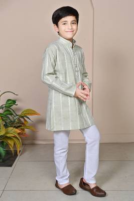 Boys linen full sleeves embroidered stripes kurta pyjama set - light green 4