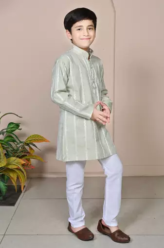 Boys linen full sleeves embroidered stripes kurta pyjama set - light green