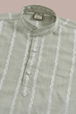 Boys linen full sleeves embroidered stripes kurta pyjama set - light green 5