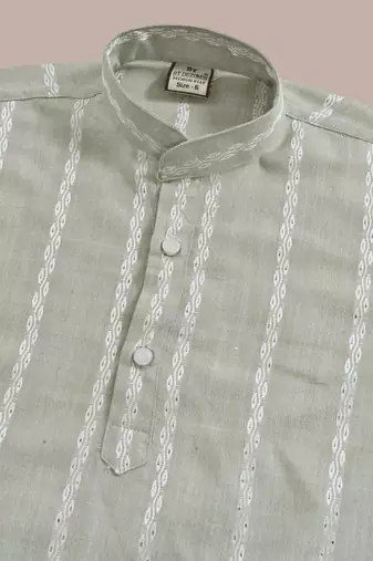 Boys linen full sleeves embroidered stripes kurta pyjama set - light green