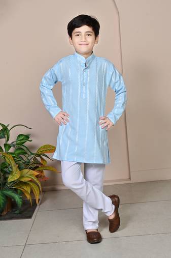 Boys linen full sleeves embroidered stripes kurta pyjama set - sky blue