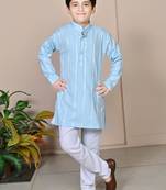 Boys linen full sleeves embroidered stripes kurta pyjama set - sky blue