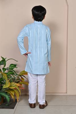 Boys linen full sleeves embroidered stripes kurta pyjama set - sky blue 2