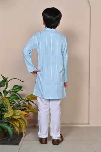 Boys linen full sleeves embroidered stripes kurta pyjama set - sky blue