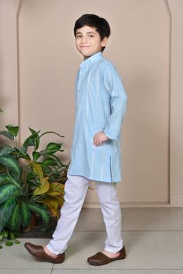 Boys linen full sleeves embroidered stripes kurta pyjama set - sky blue 3