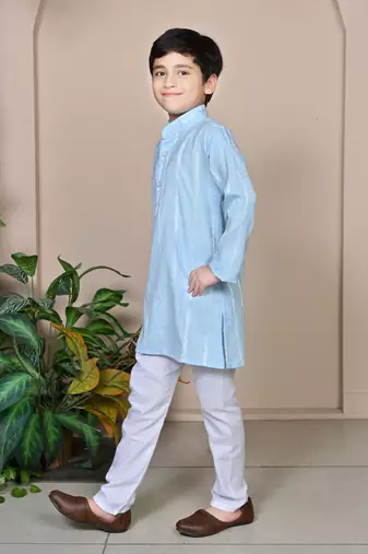 Boys linen full sleeves embroidered stripes kurta pyjama set - sky blue