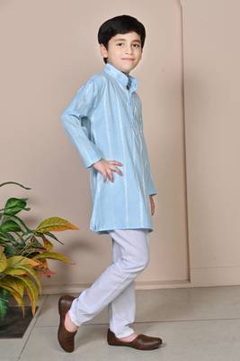 Boys linen full sleeves embroidered stripes kurta pyjama set - sky blue 4