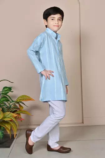 Boys linen full sleeves embroidered stripes kurta pyjama set - sky blue