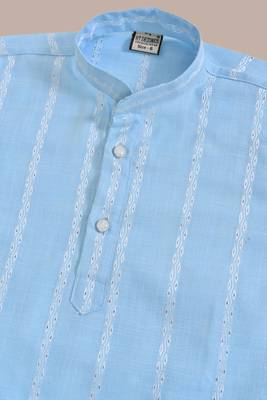 Boys linen full sleeves embroidered stripes kurta pyjama set - sky blue 5