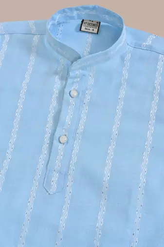 Boys linen full sleeves embroidered stripes kurta pyjama set - sky blue