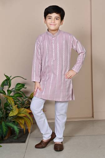 Boys linen full sleeves embroidered stripes kurta pyjama set - lavender