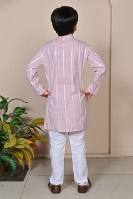 Boys linen full sleeves embroidered stripes kurta pyjama set - lavender 2