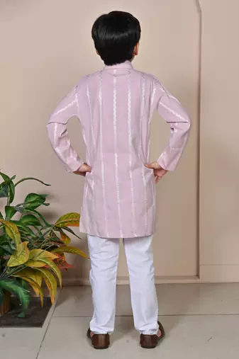 Boys linen full sleeves embroidered stripes kurta pyjama set - lavender